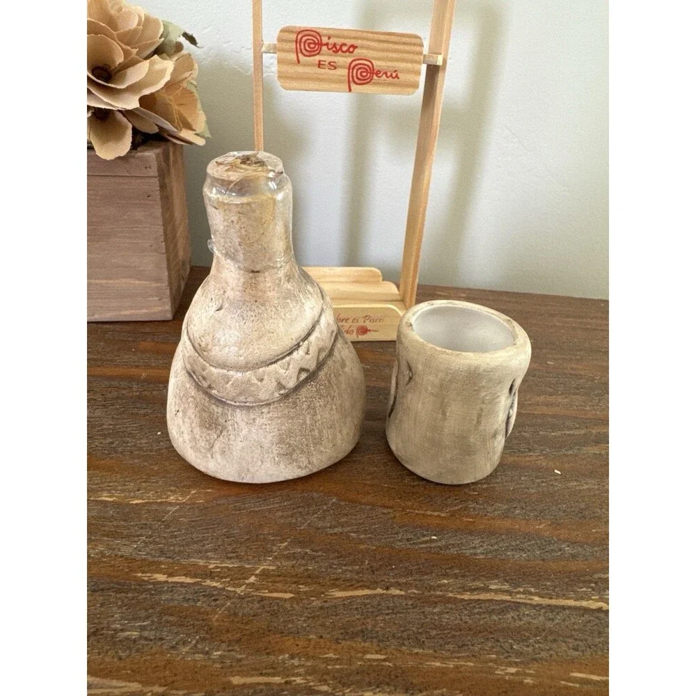 Peruvian Pisco Decanter Set Cusco Folk Art Bottle Shot Cup Andean Face Barware
